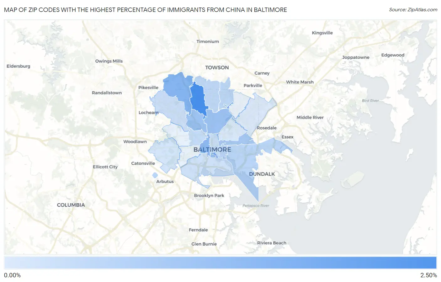 Zip Codes with the Highest Percentage of Immigrants from China in Baltimore Map