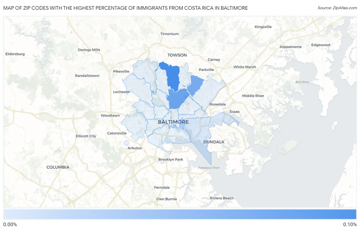 Zip Codes with the Highest Percentage of Immigrants from Costa Rica in Baltimore Map