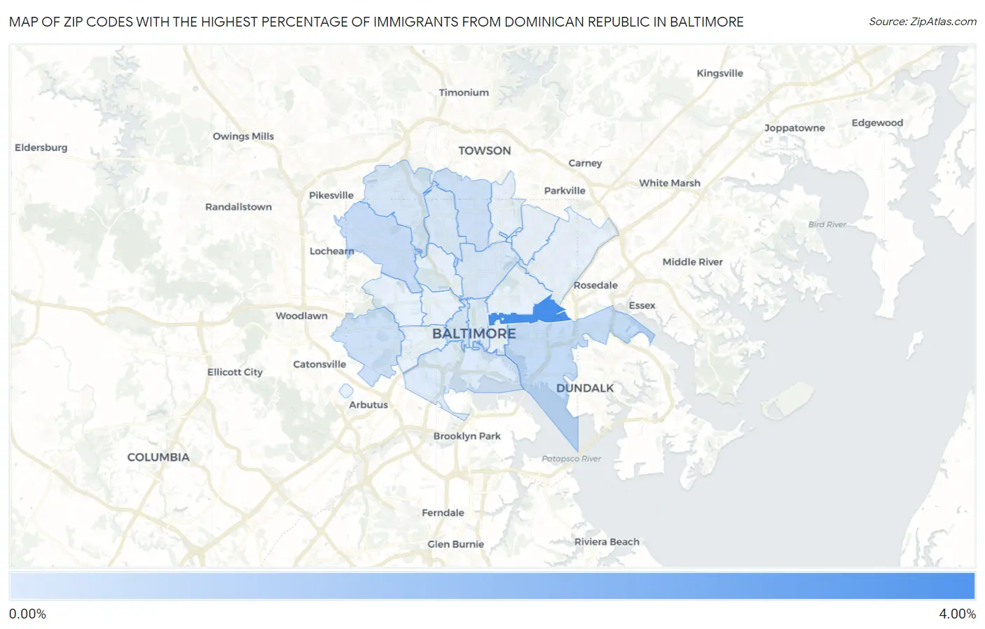 Zip Codes with the Highest Percentage of Immigrants from Dominican Republic in Baltimore Map