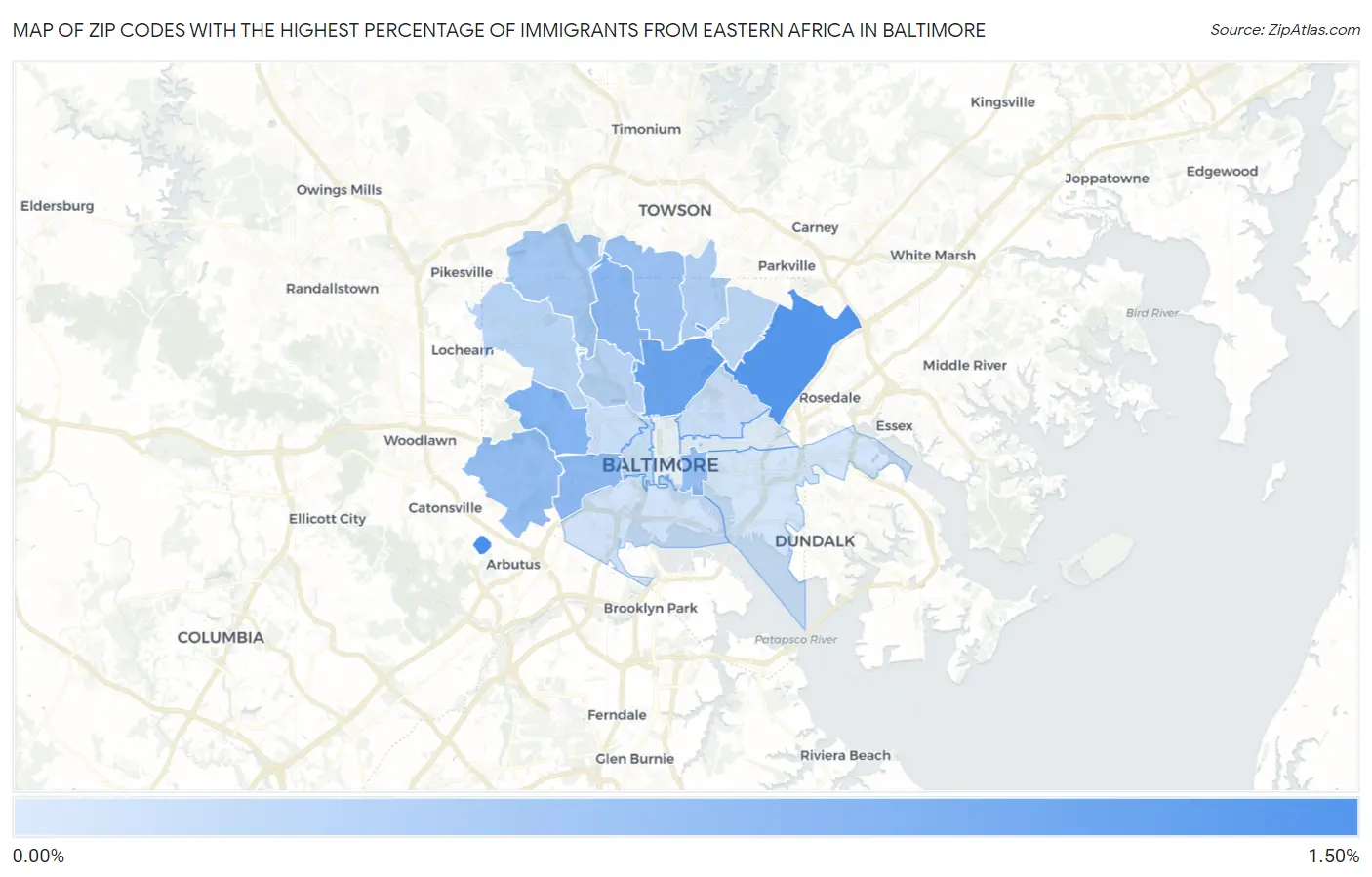 Zip Codes with the Highest Percentage of Immigrants from Eastern Africa in Baltimore Map