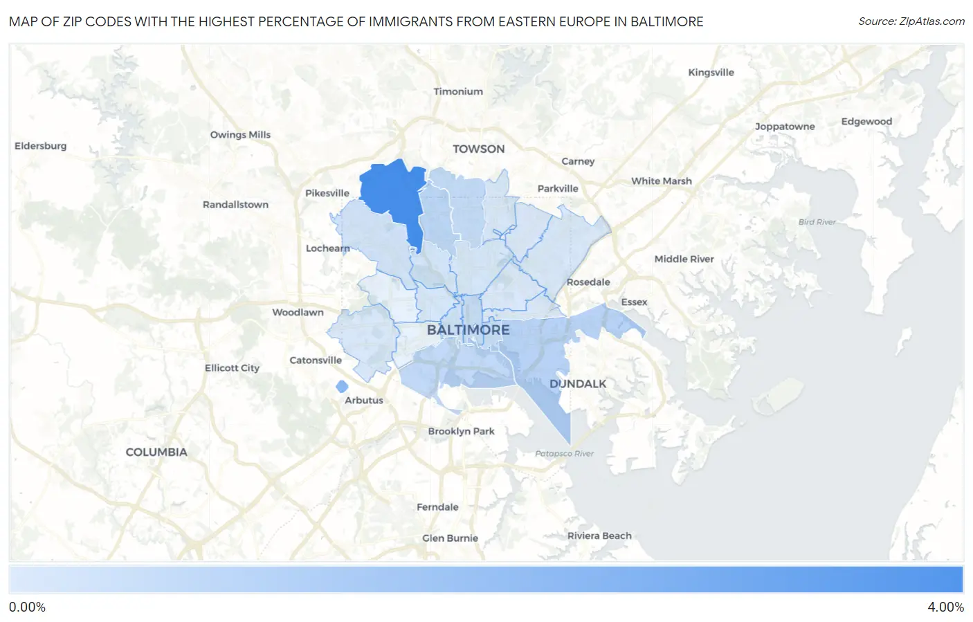 Zip Codes with the Highest Percentage of Immigrants from Eastern Europe in Baltimore Map