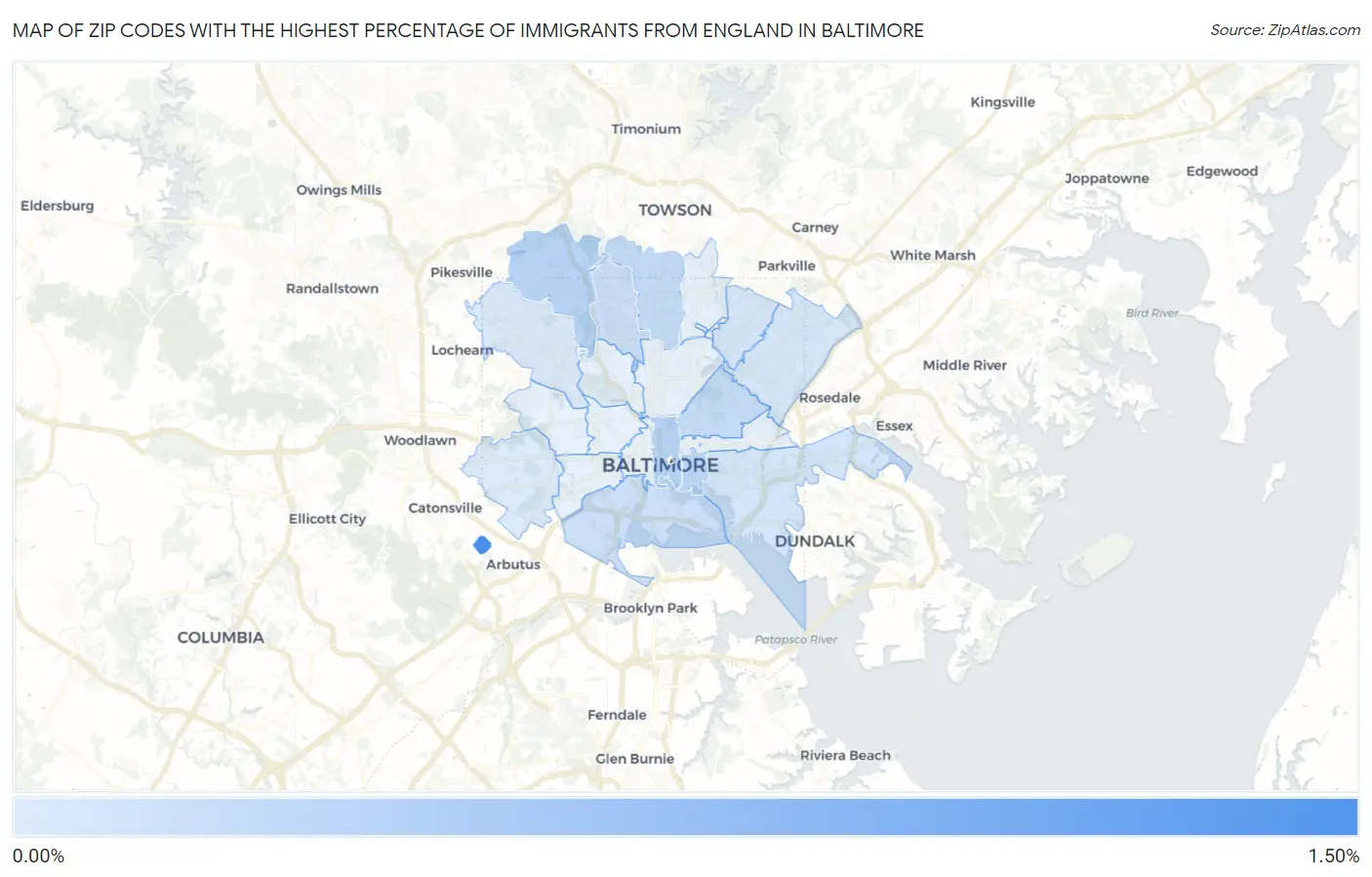 Zip Codes with the Highest Percentage of Immigrants from England in Baltimore Map