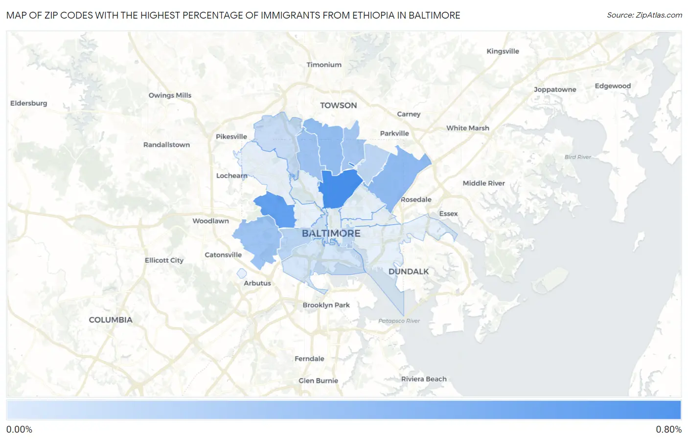 Zip Codes with the Highest Percentage of Immigrants from Ethiopia in Baltimore Map