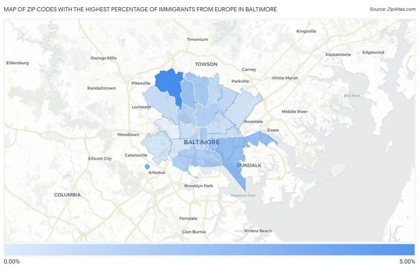 Zip Codes with the Highest Percentage of Immigrants from Europe in Baltimore Map