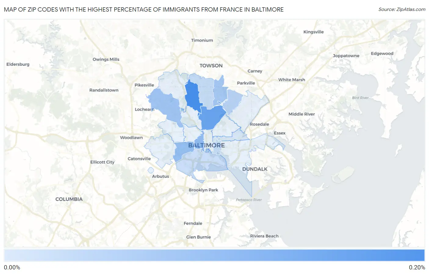 Zip Codes with the Highest Percentage of Immigrants from France in Baltimore Map