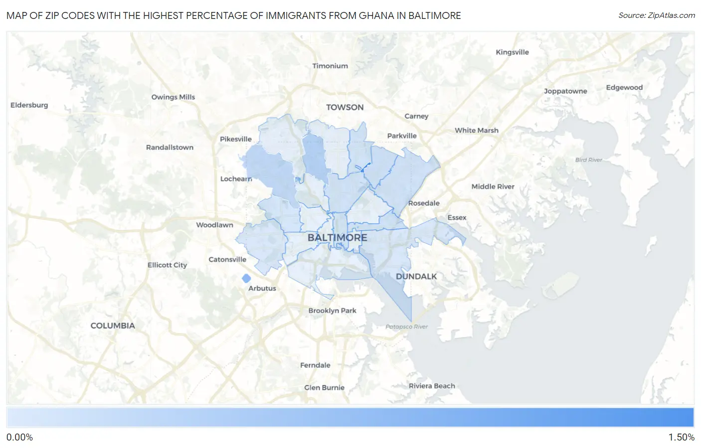 Zip Codes with the Highest Percentage of Immigrants from Ghana in Baltimore Map