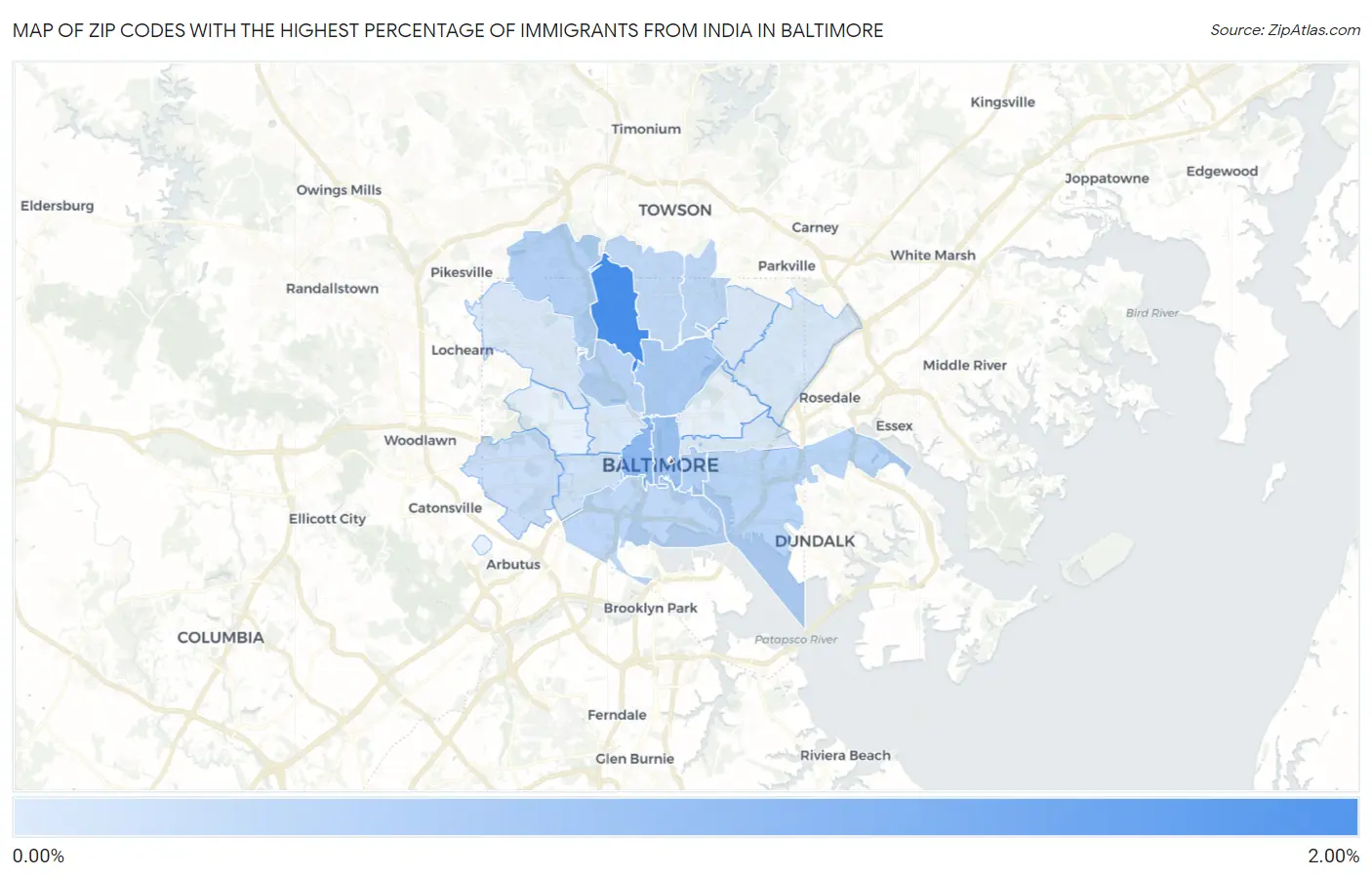 Zip Codes with the Highest Percentage of Immigrants from India in Baltimore Map