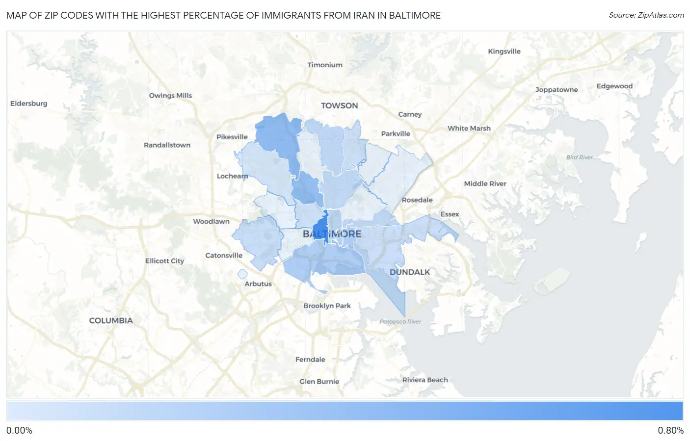 Zip Codes with the Highest Percentage of Immigrants from Iran in Baltimore Map