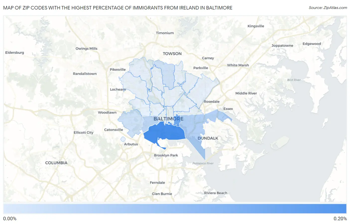 Zip Codes with the Highest Percentage of Immigrants from Ireland in Baltimore Map