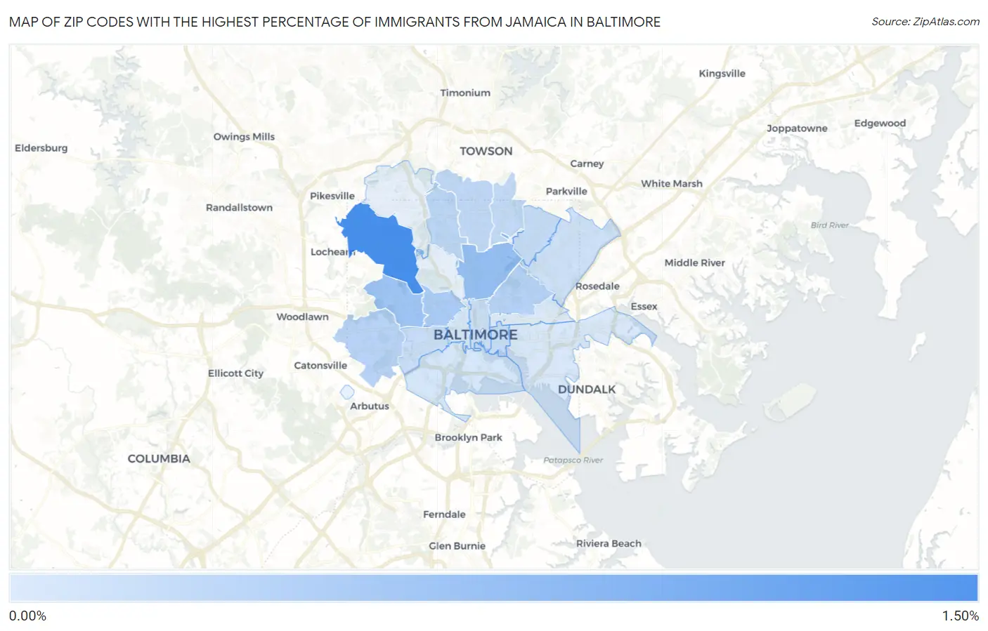 Zip Codes with the Highest Percentage of Immigrants from Jamaica in Baltimore Map