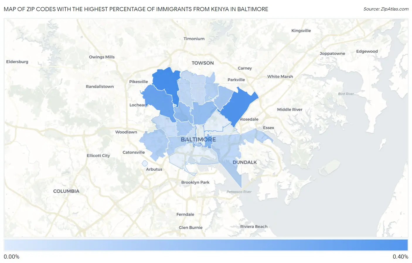 Zip Codes with the Highest Percentage of Immigrants from Kenya in Baltimore Map