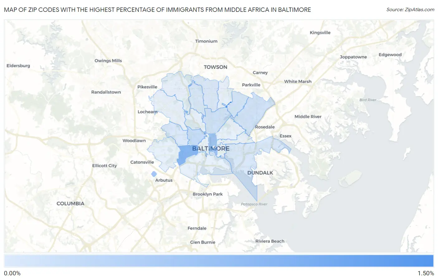 Zip Codes with the Highest Percentage of Immigrants from Middle Africa in Baltimore Map