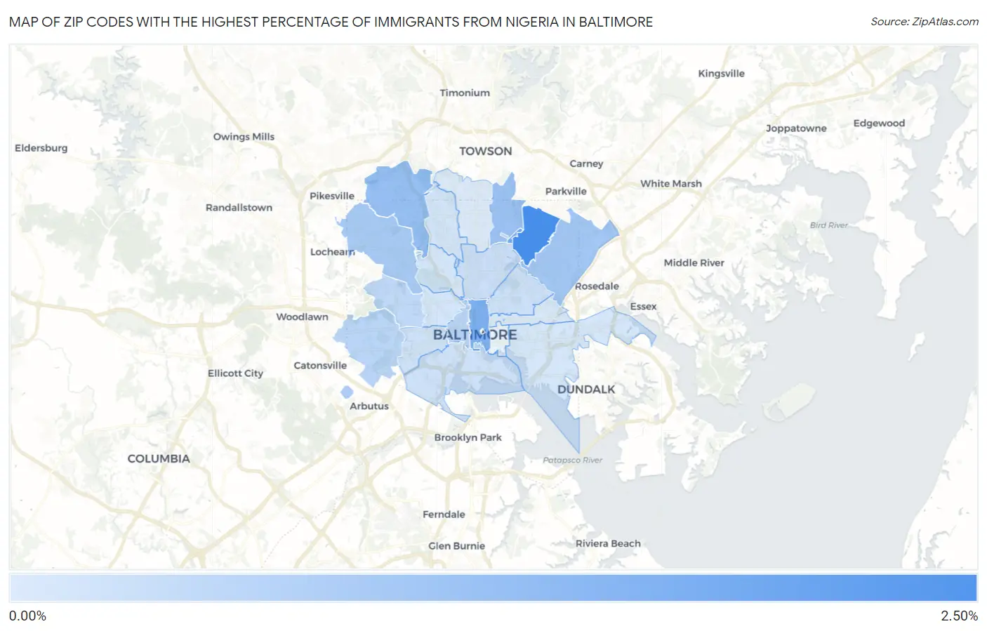 Zip Codes with the Highest Percentage of Immigrants from Nigeria in Baltimore Map