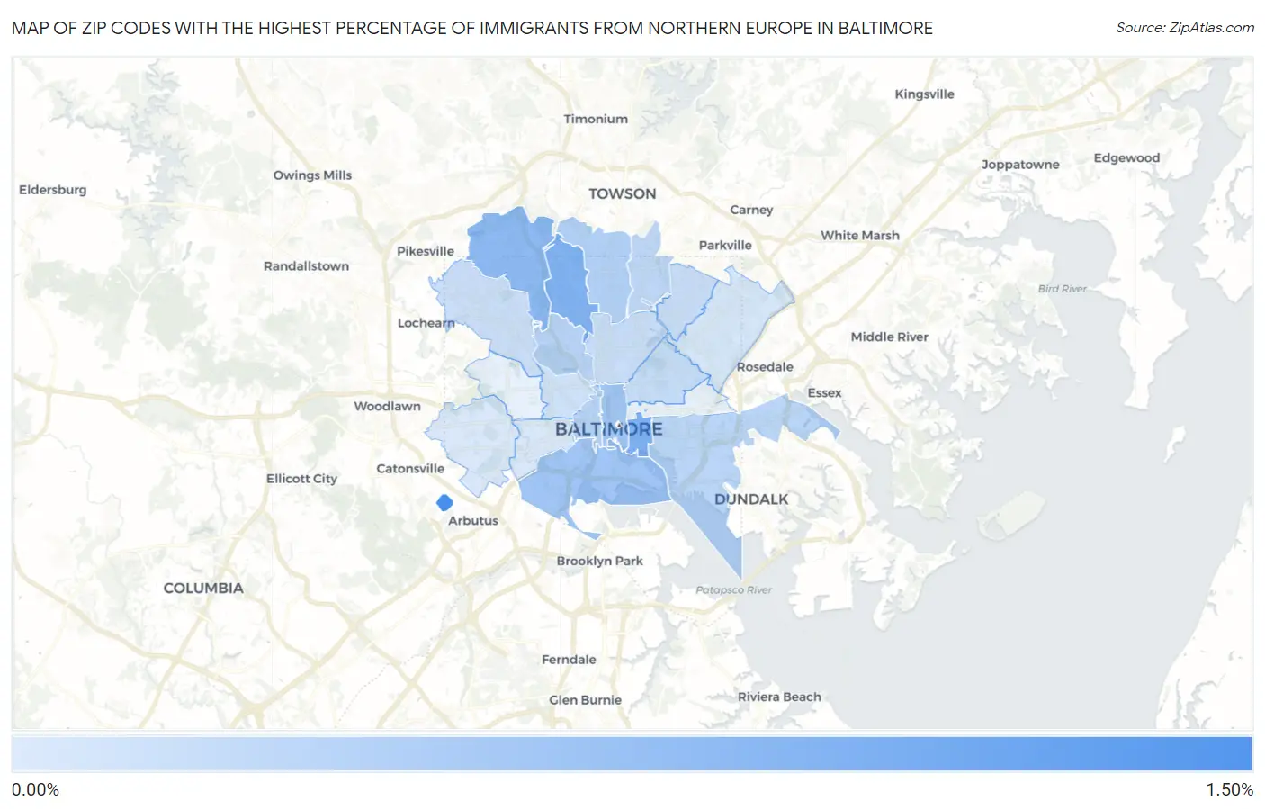 Zip Codes with the Highest Percentage of Immigrants from Northern Europe in Baltimore Map