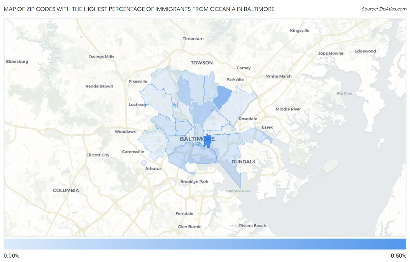 Zip Codes with the Highest Percentage of Immigrants from Oceania in Baltimore Map