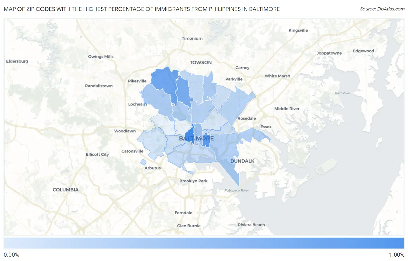 Zip Codes with the Highest Percentage of Immigrants from Philippines in Baltimore Map