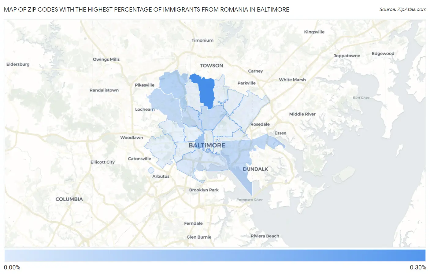 Zip Codes with the Highest Percentage of Immigrants from Romania in Baltimore Map