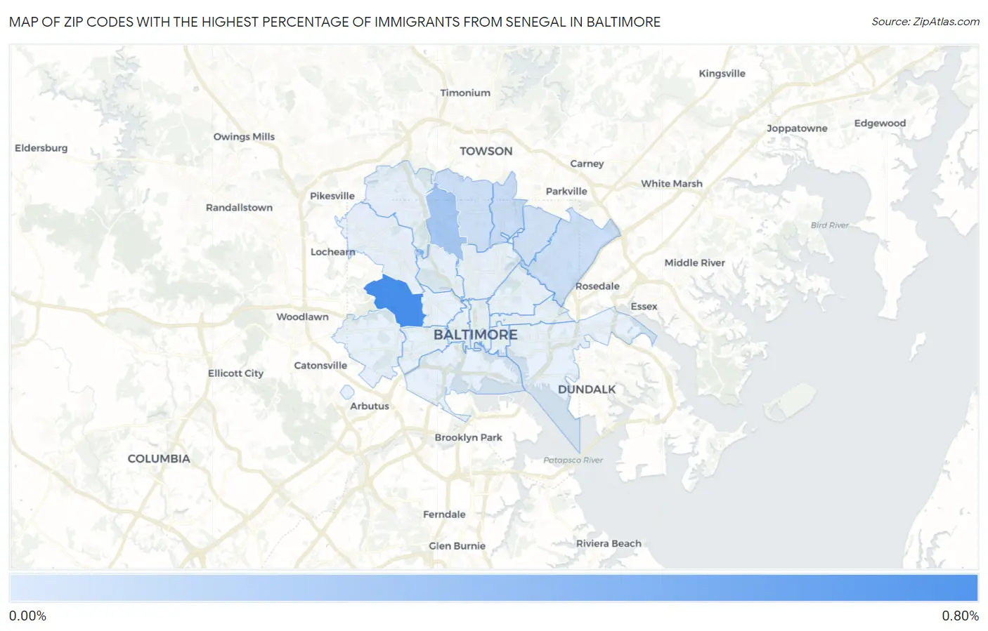 Zip Codes with the Highest Percentage of Immigrants from Senegal in Baltimore Map