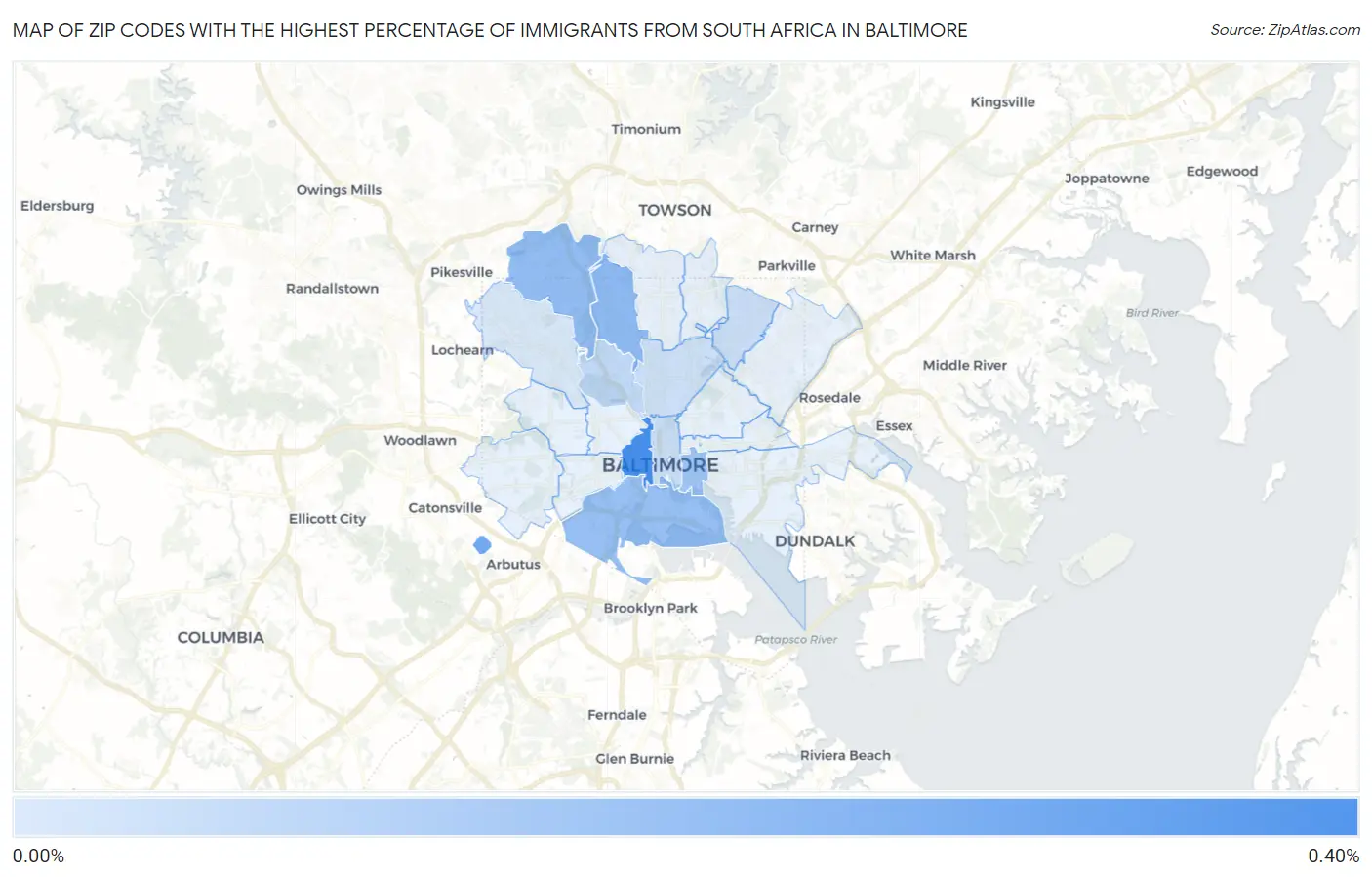 Zip Codes with the Highest Percentage of Immigrants from South Africa in Baltimore Map