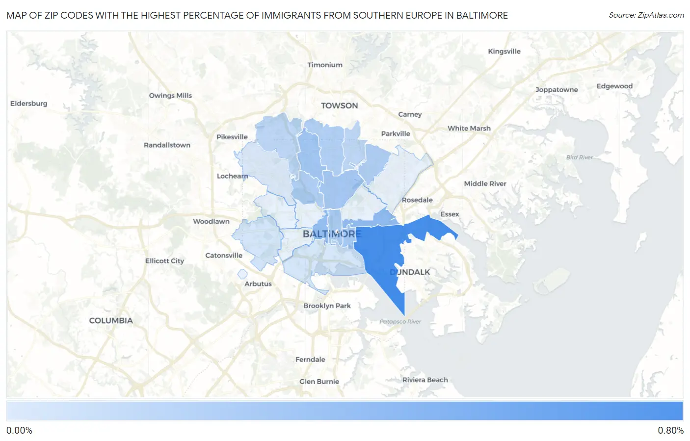 Zip Codes with the Highest Percentage of Immigrants from Southern Europe in Baltimore Map