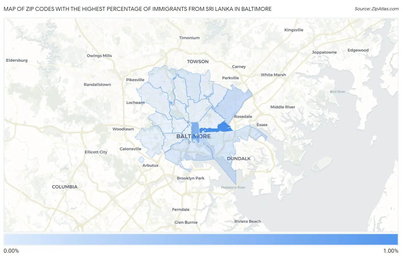 Zip Codes with the Highest Percentage of Immigrants from Sri Lanka in Baltimore Map