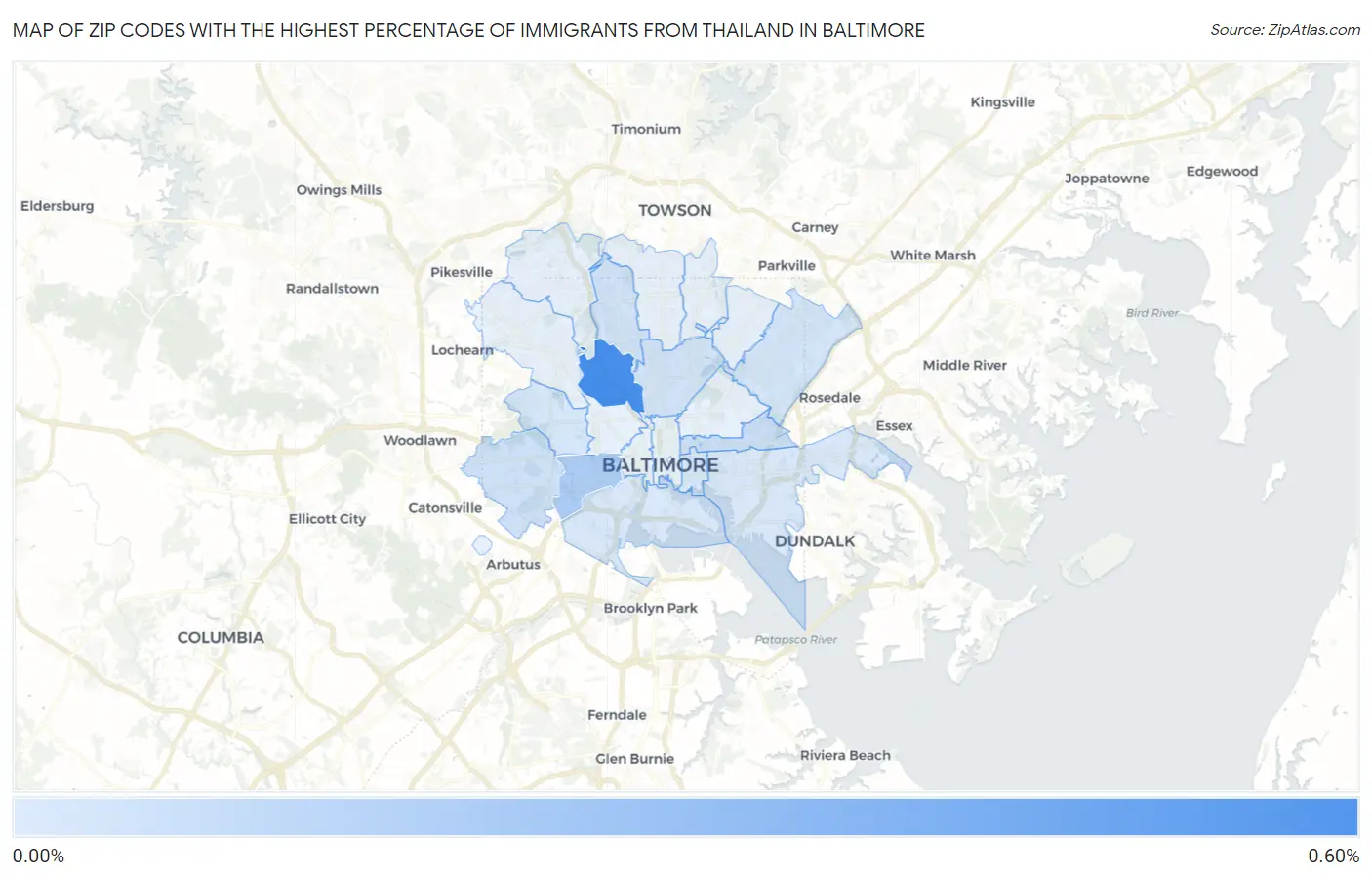 Zip Codes with the Highest Percentage of Immigrants from Thailand in Baltimore Map