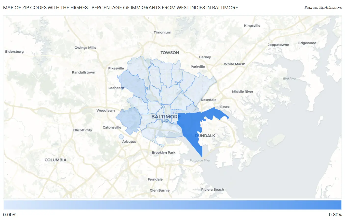 Zip Codes with the Highest Percentage of Immigrants from West Indies in Baltimore Map