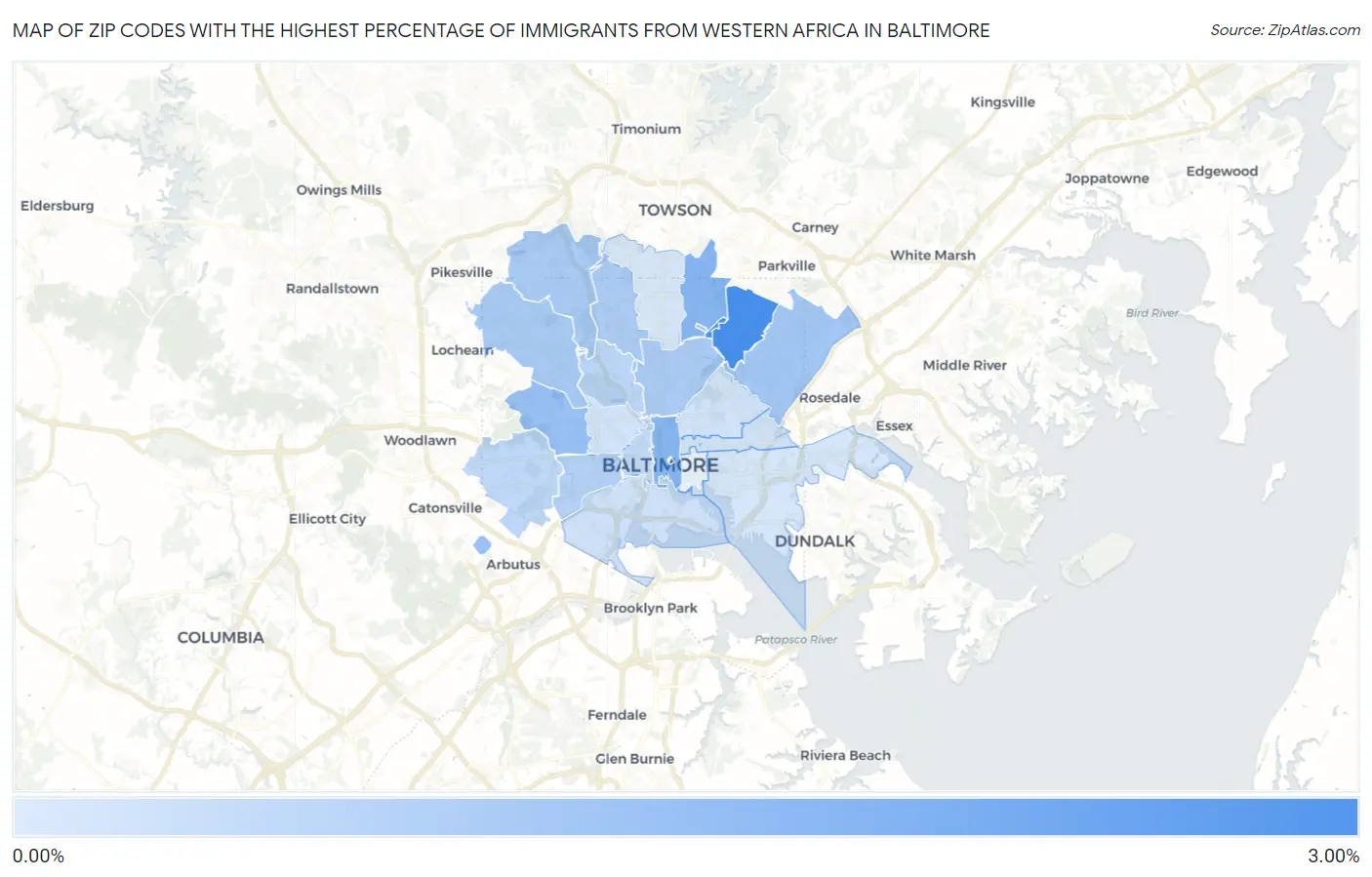 Zip Codes with the Highest Percentage of Immigrants from Western Africa in Baltimore Map