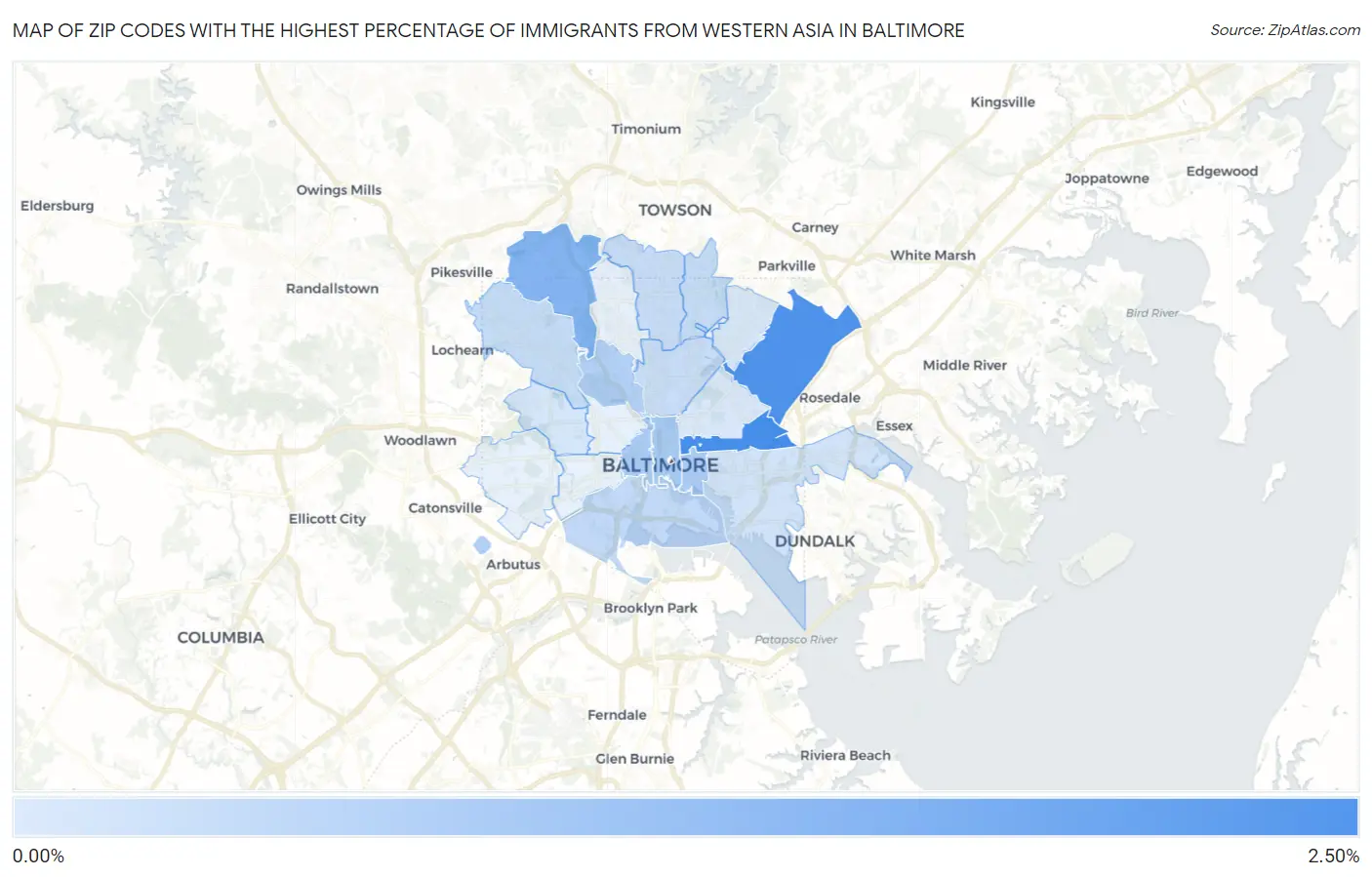 Zip Codes with the Highest Percentage of Immigrants from Western Asia in Baltimore Map