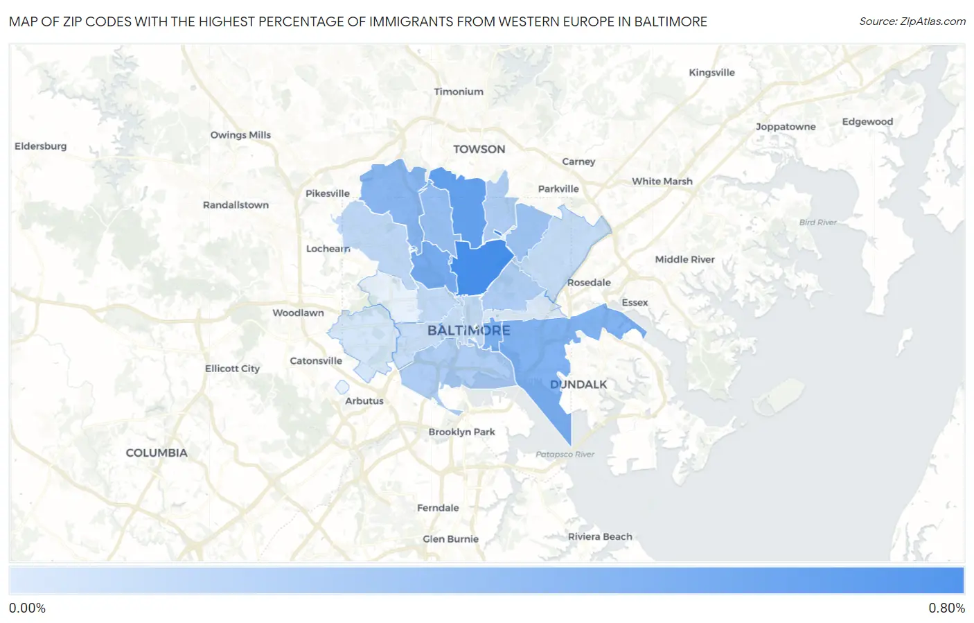 Zip Codes with the Highest Percentage of Immigrants from Western Europe in Baltimore Map
