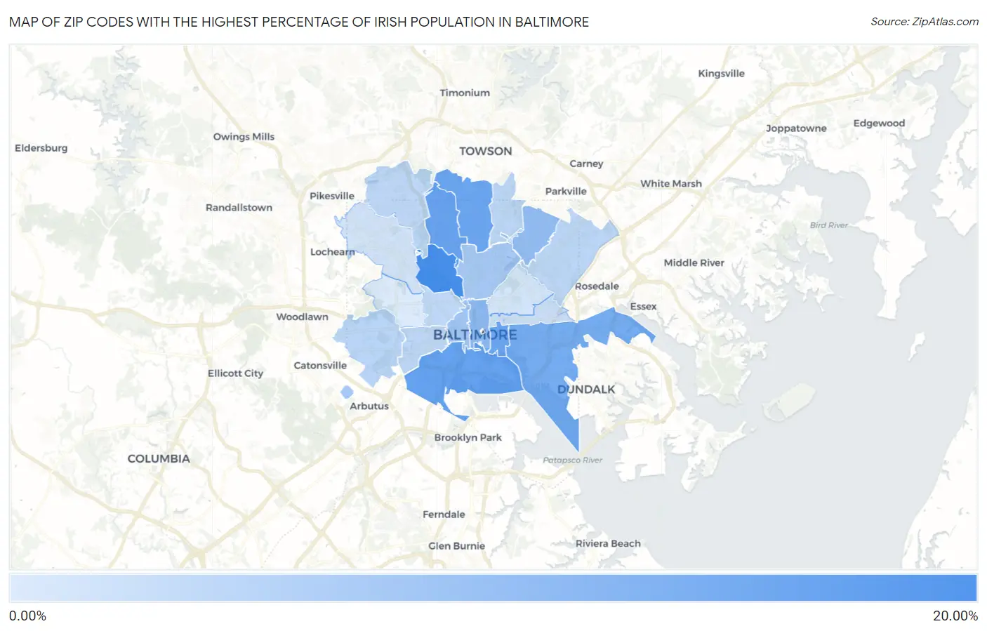 Zip Codes with the Highest Percentage of Irish Population in Baltimore Map