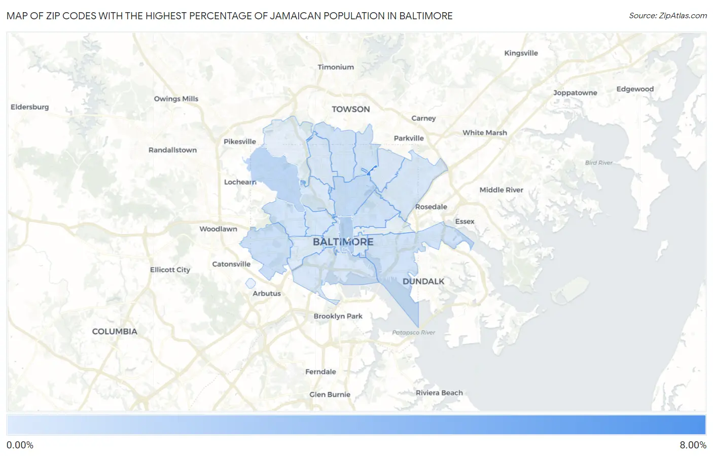 Zip Codes with the Highest Percentage of Jamaican Population in Baltimore Map