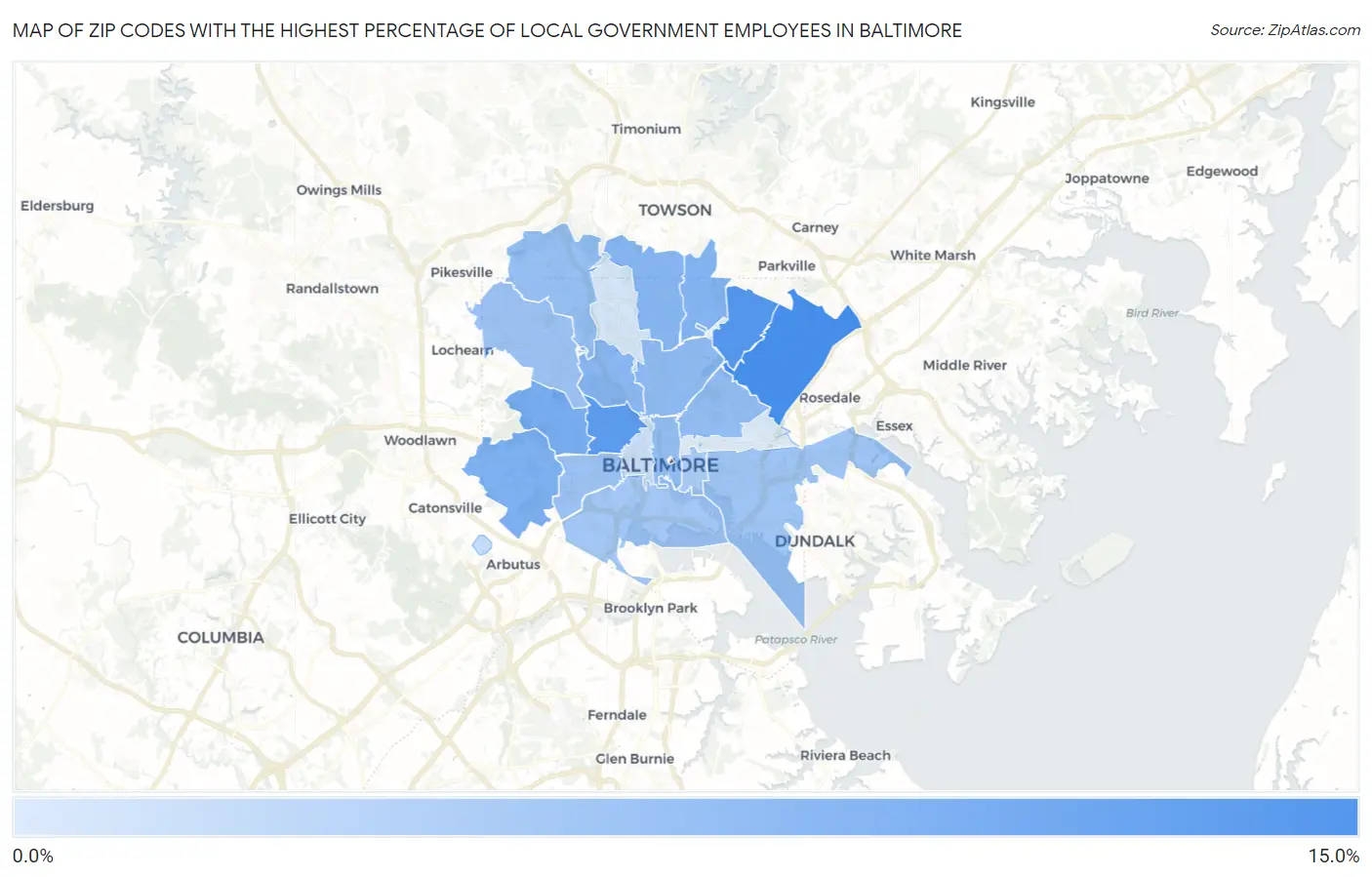 Zip Codes with the Highest Percentage of Local Government Employees in Baltimore Map