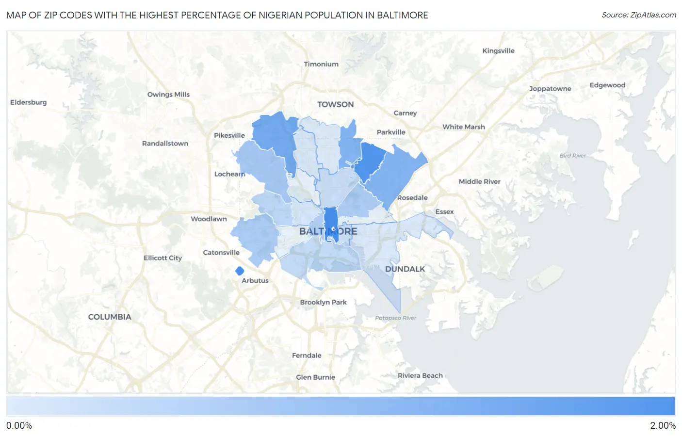 Zip Codes with the Highest Percentage of Nigerian Population in Baltimore Map