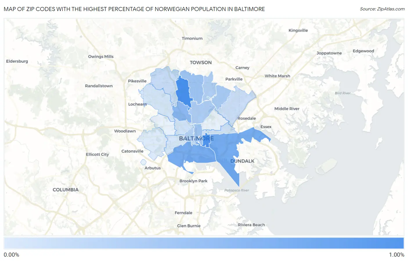 Zip Codes with the Highest Percentage of Norwegian Population in Baltimore Map
