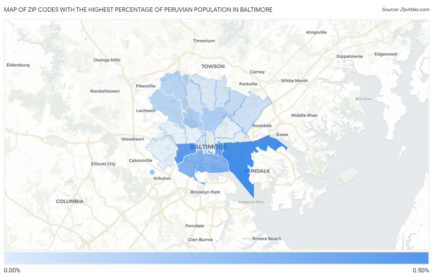 Zip Codes with the Highest Percentage of Peruvian Population in Baltimore Map