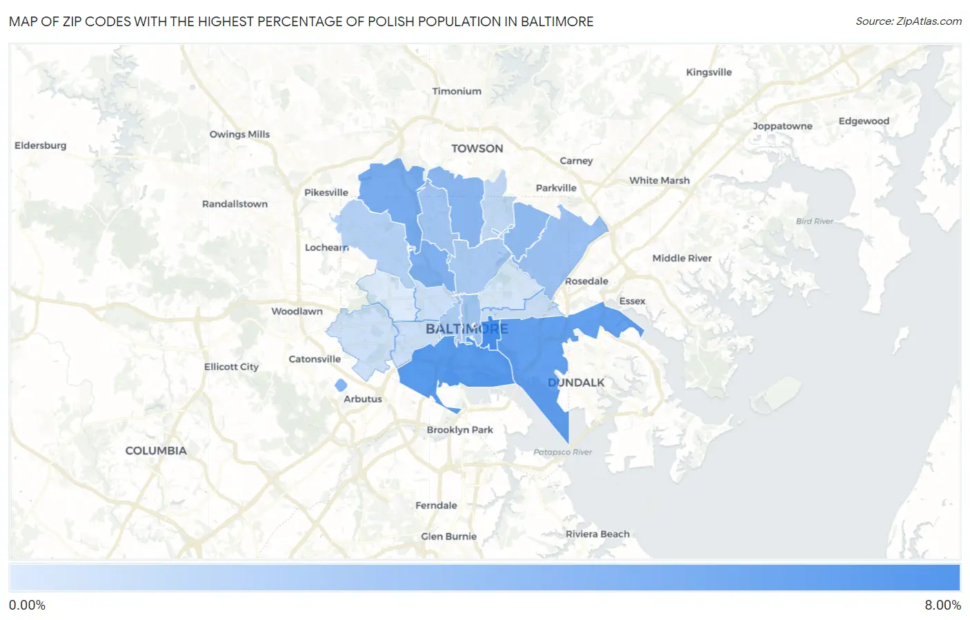 Zip Codes with the Highest Percentage of Polish Population in Baltimore Map