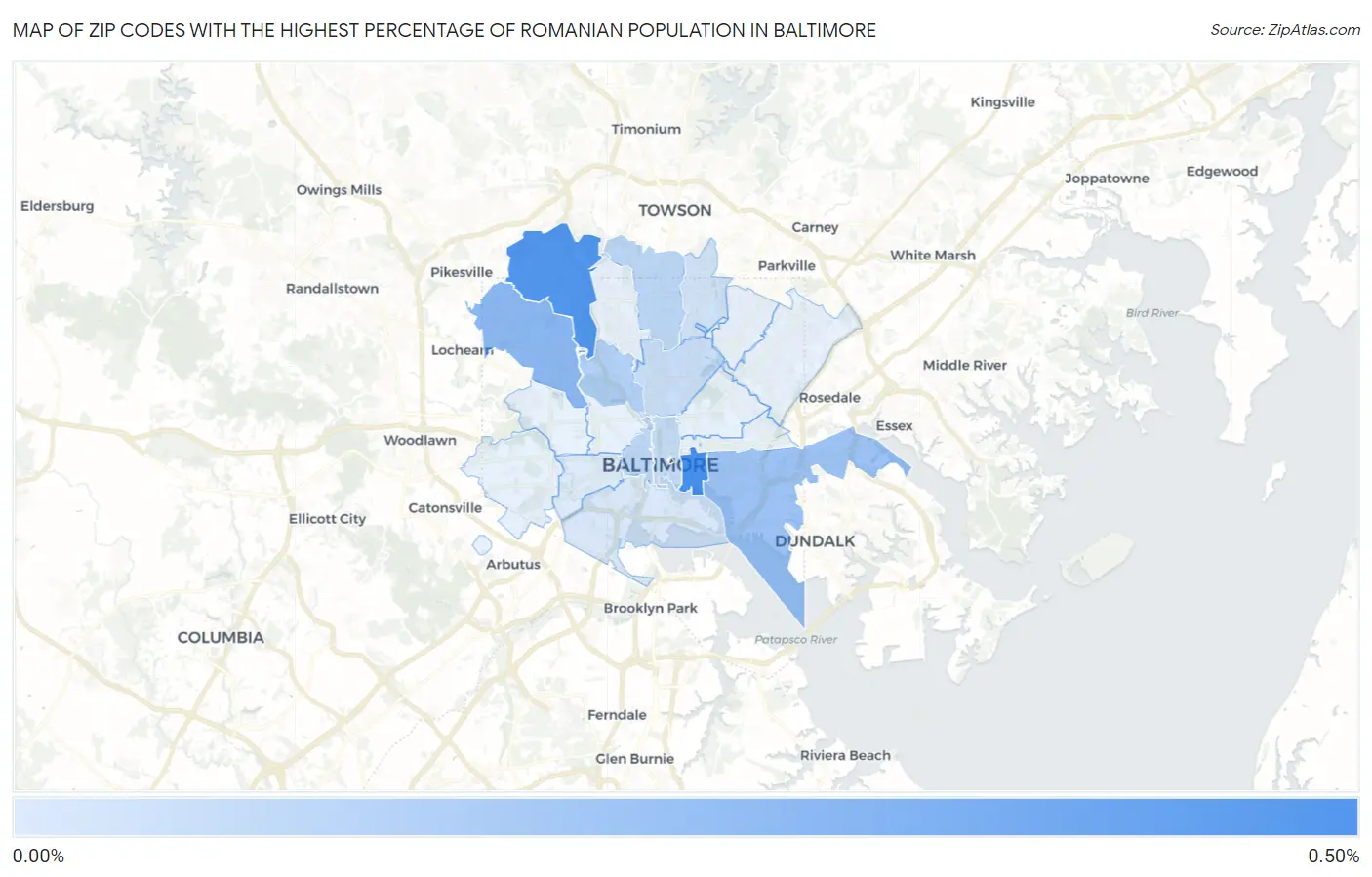 Zip Codes with the Highest Percentage of Romanian Population in Baltimore Map