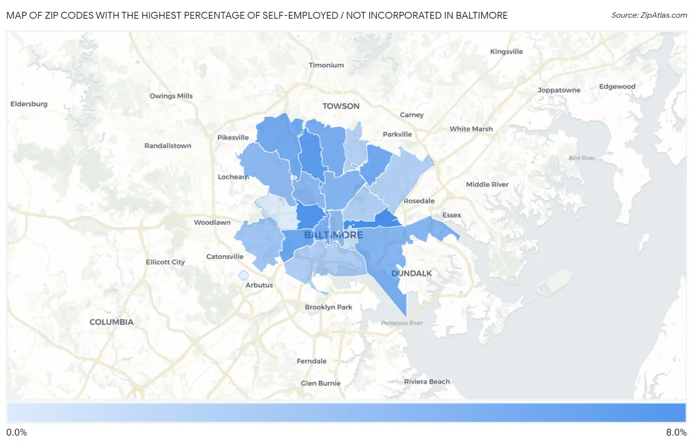 Zip Codes with the Highest Percentage of Self-Employed / Not Incorporated in Baltimore Map