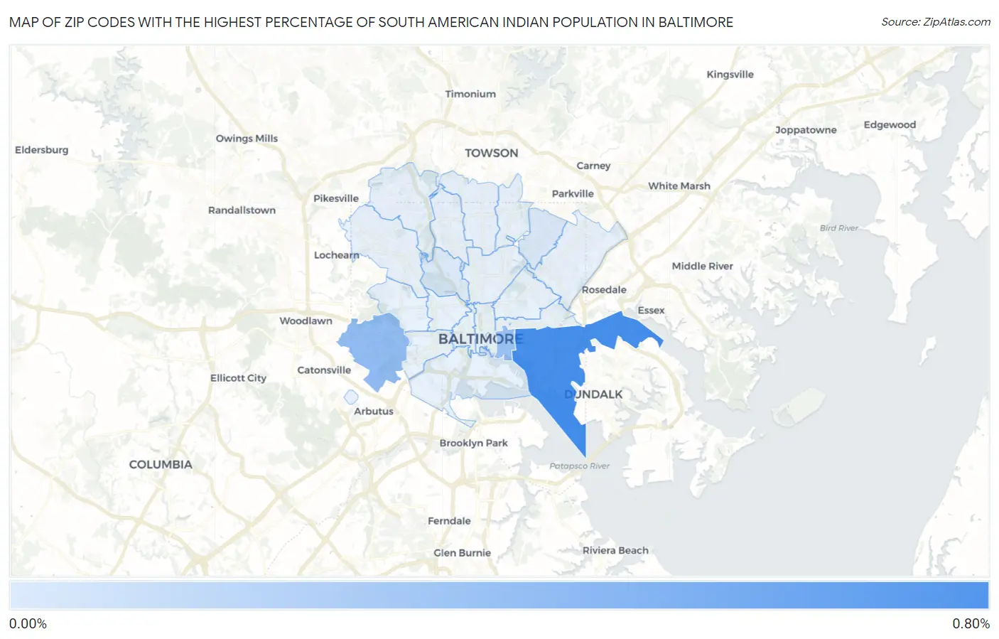 Zip Codes with the Highest Percentage of South American Indian Population in Baltimore Map