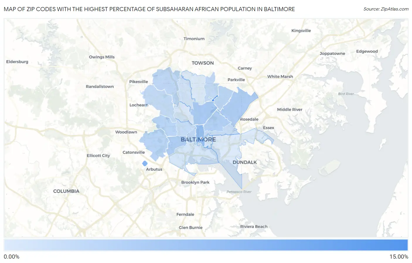 Zip Codes with the Highest Percentage of Subsaharan African Population in Baltimore Map
