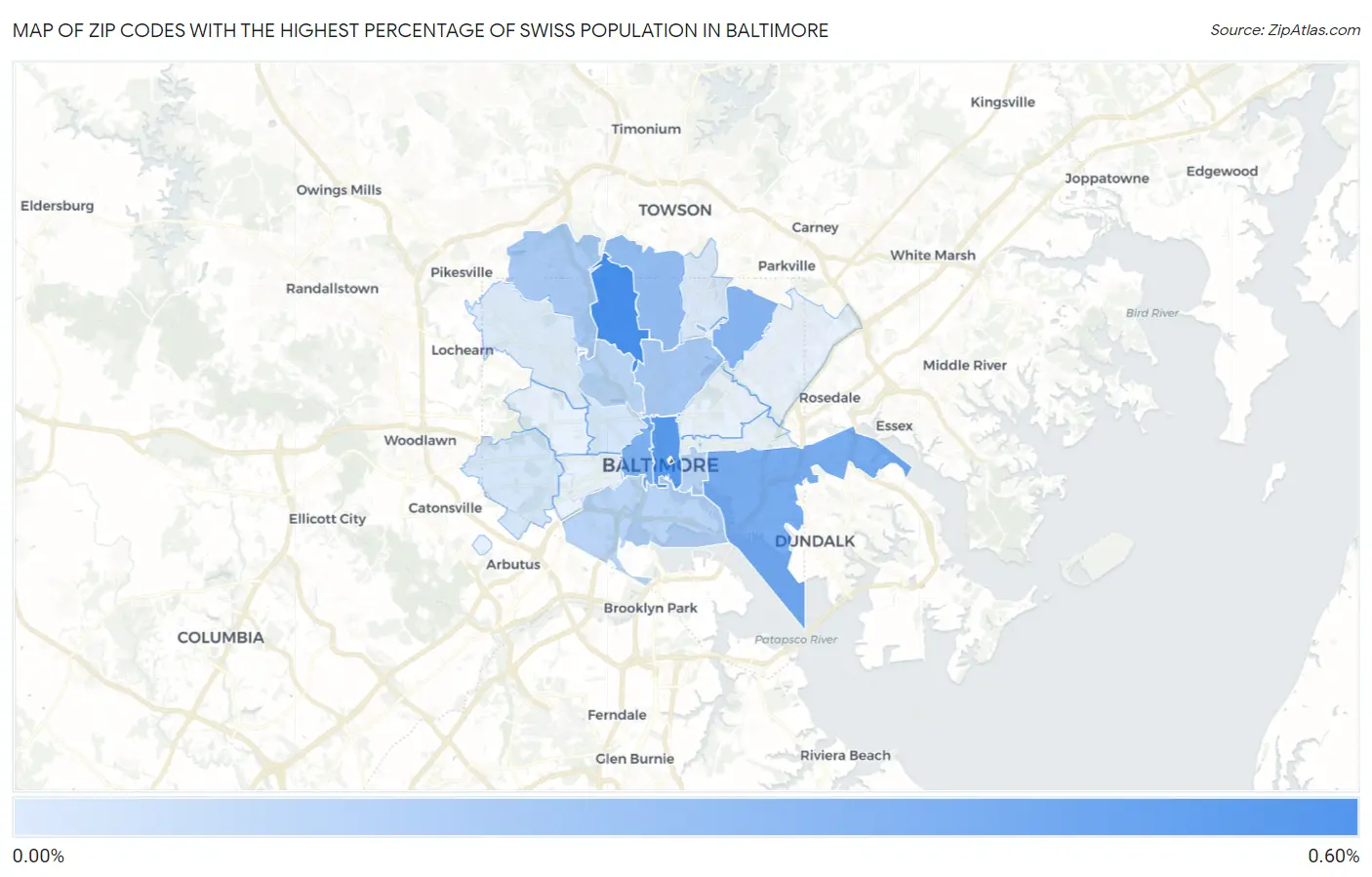 Zip Codes with the Highest Percentage of Swiss Population in Baltimore Map