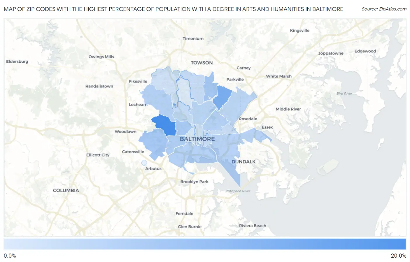 Zip Codes with the Highest Percentage of Population with a Degree in Arts and Humanities in Baltimore Map