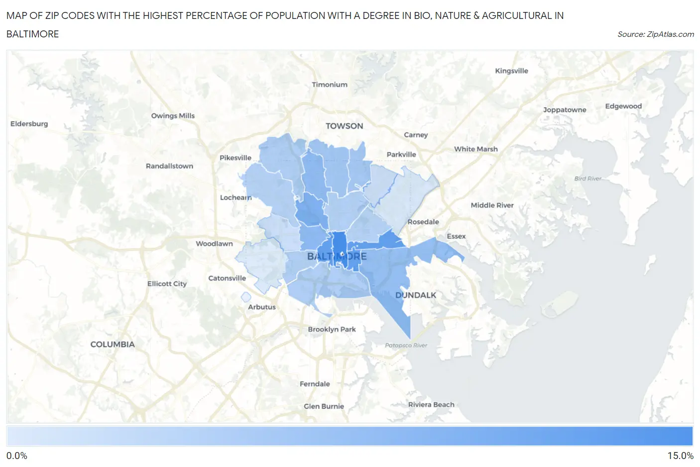 Zip Codes with the Highest Percentage of Population with a Degree in Bio, Nature & Agricultural in Baltimore Map