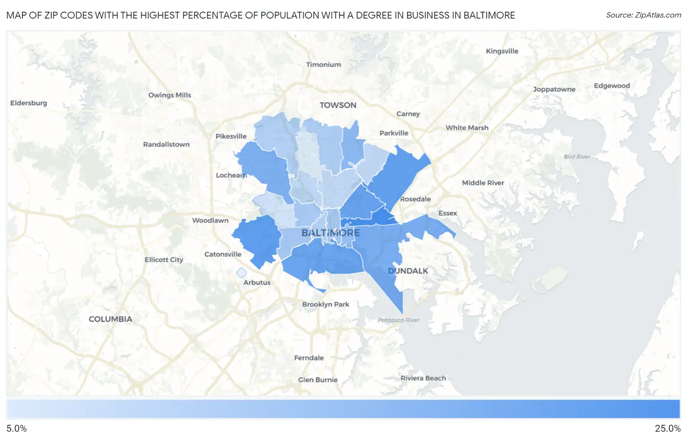 Zip Codes with the Highest Percentage of Population with a Degree in Business in Baltimore Map