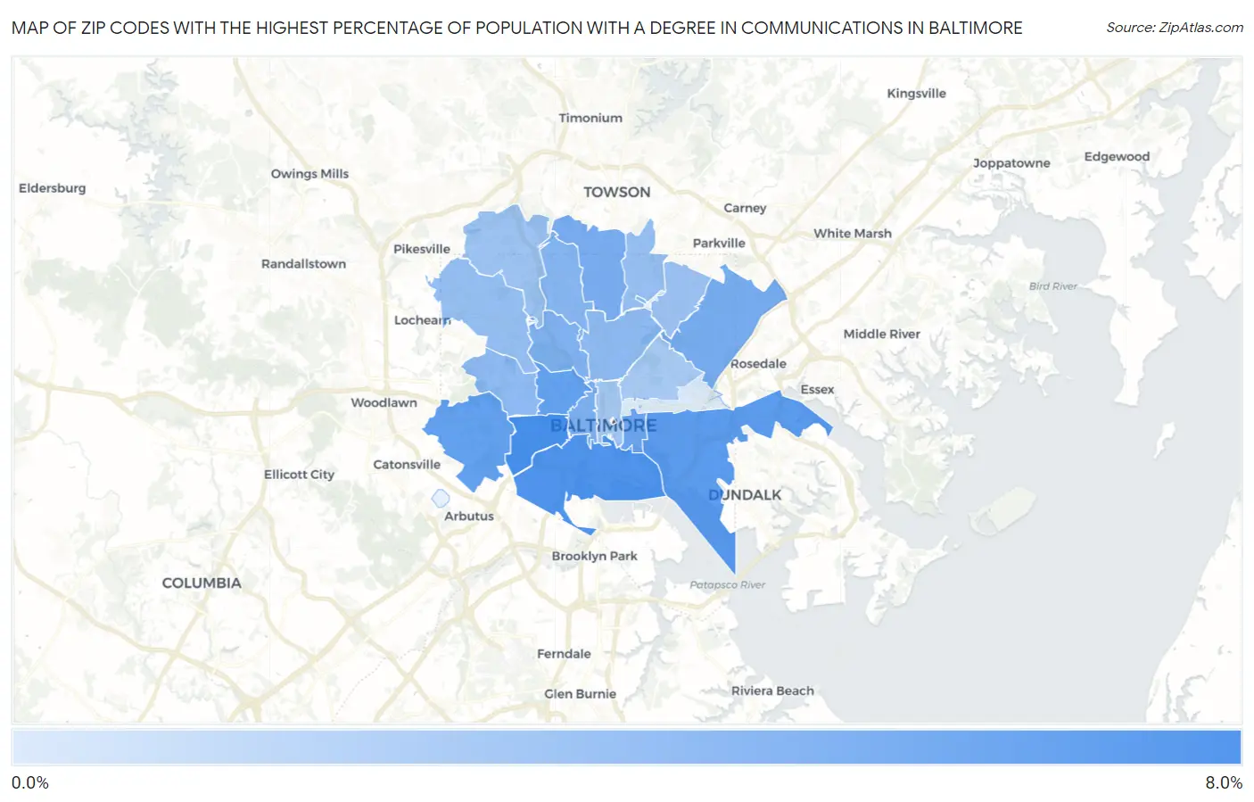 Zip Codes with the Highest Percentage of Population with a Degree in Communications in Baltimore Map