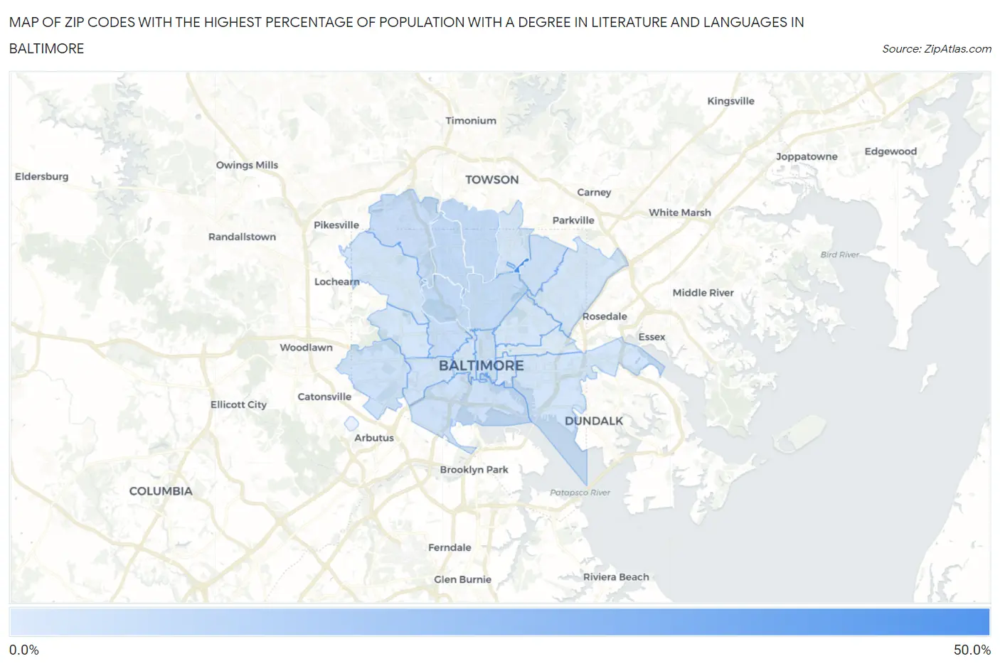 Zip Codes with the Highest Percentage of Population with a Degree in Literature and Languages in Baltimore Map