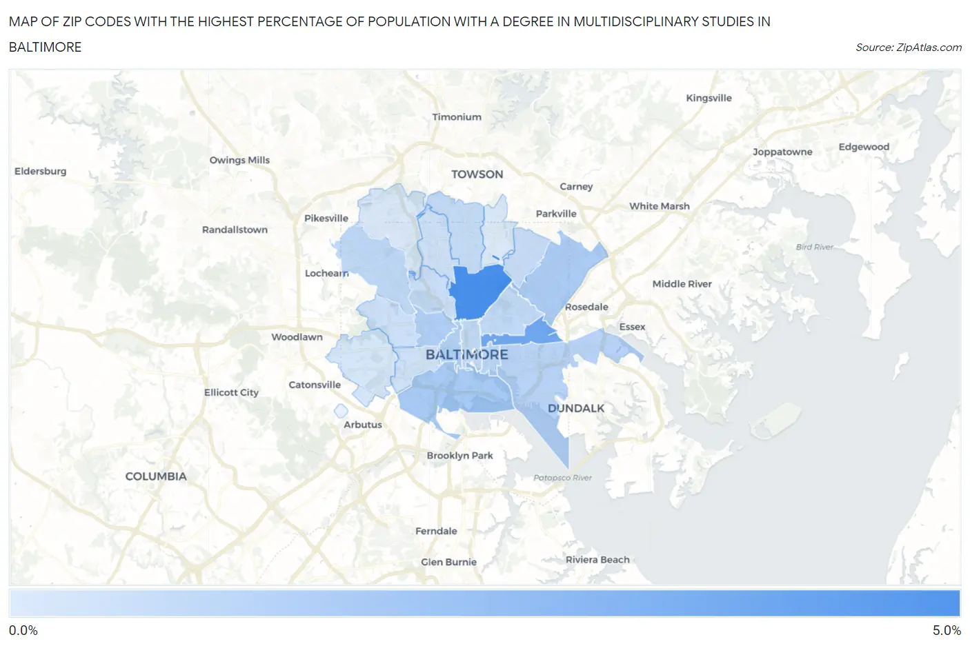 Zip Codes with the Highest Percentage of Population with a Degree in Multidisciplinary Studies in Baltimore Map