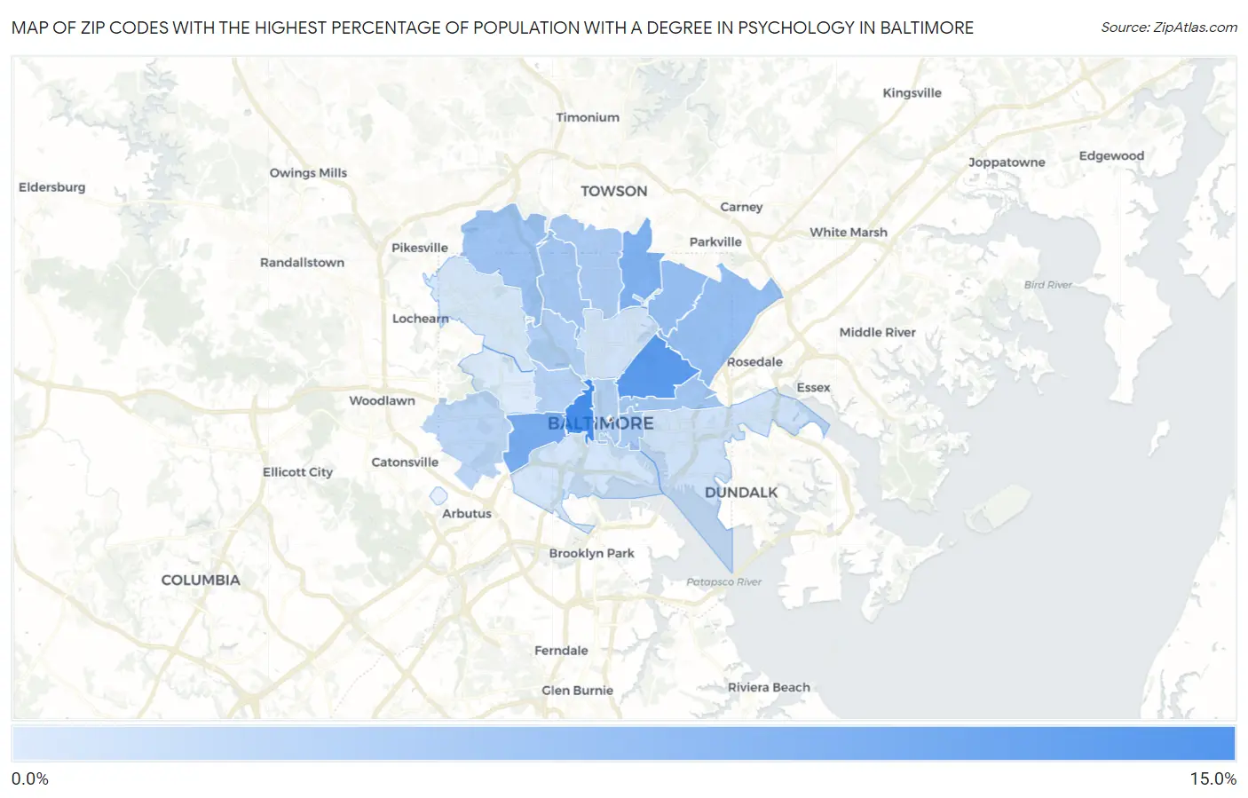 Zip Codes with the Highest Percentage of Population with a Degree in Psychology in Baltimore Map