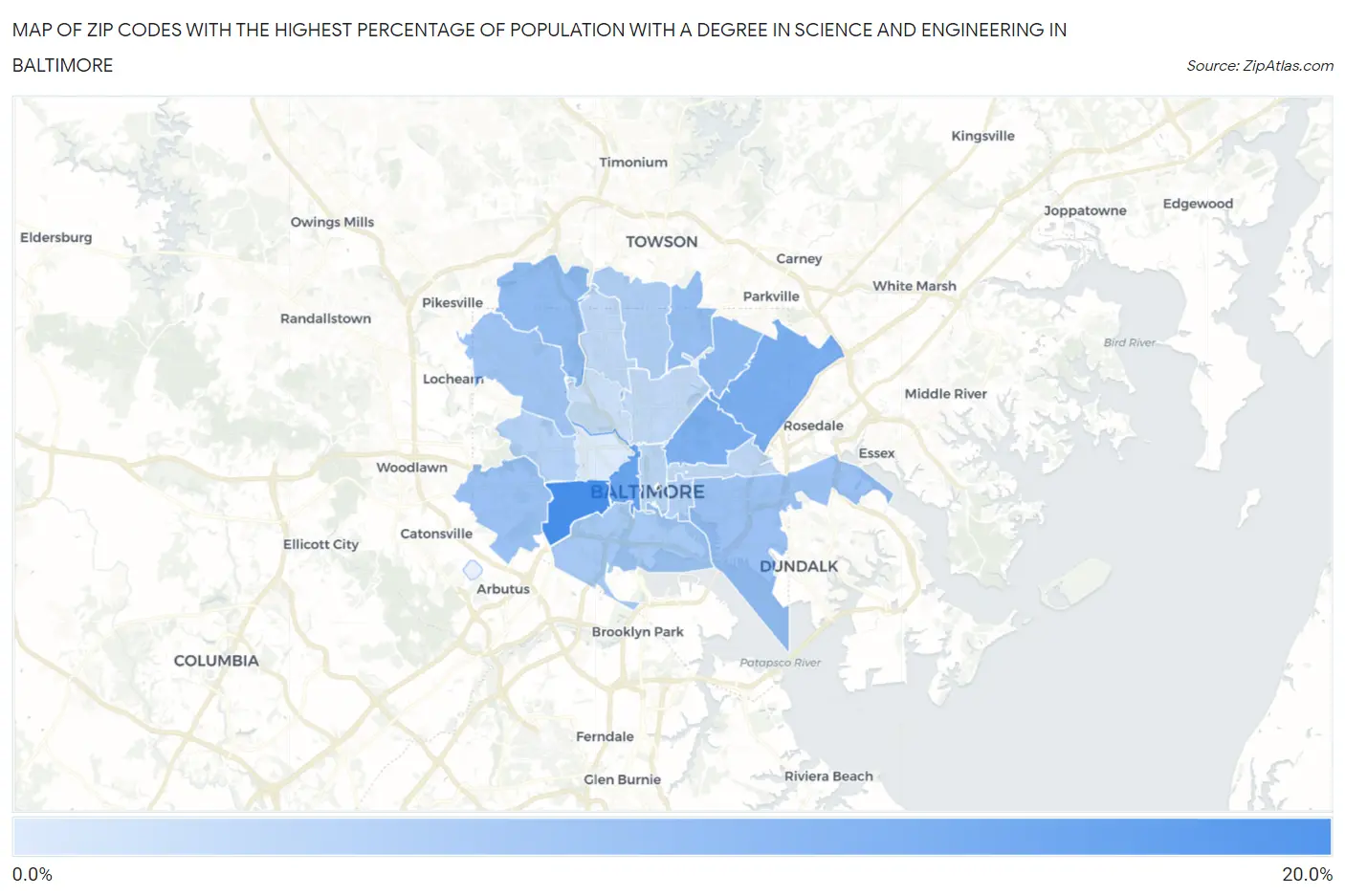 Zip Codes with the Highest Percentage of Population with a Degree in Science and Engineering in Baltimore Map